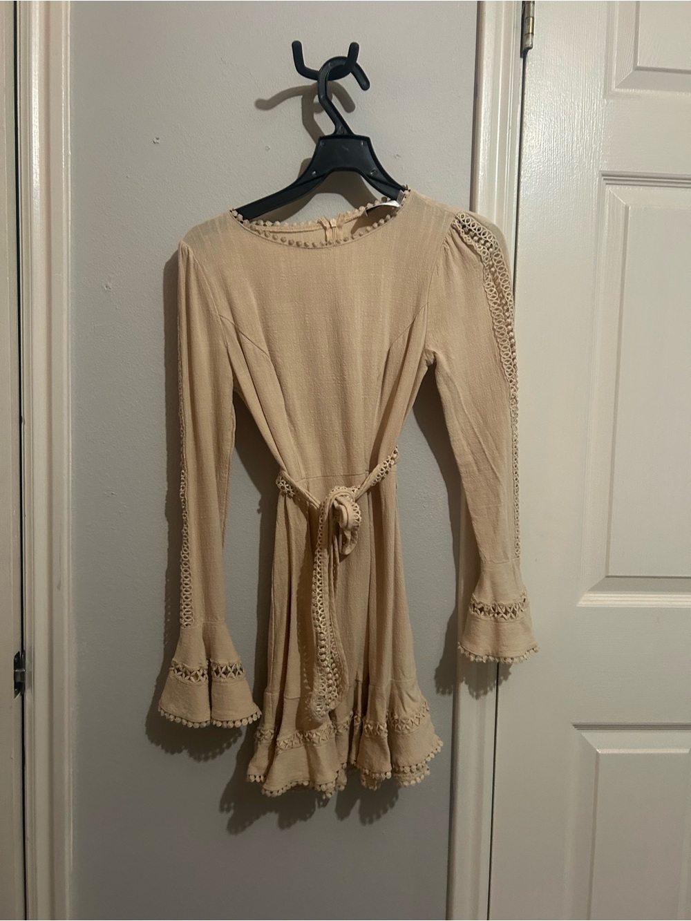 Hello Molly Beige Mini Dress with Crochet Trim